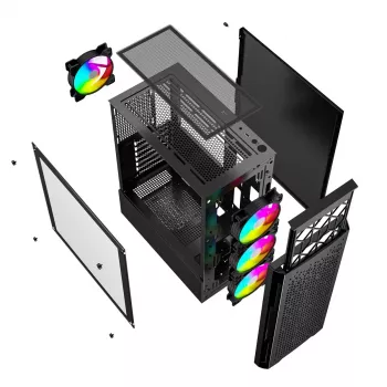 PC-Gehäuse GEMBIRD Fornax 400X Midi Tower Schwarz — ATX, gehärtetes Glas, RGB-Lüfter, 4x 2,5-Zoll-Schächte, 2x USB 3.0