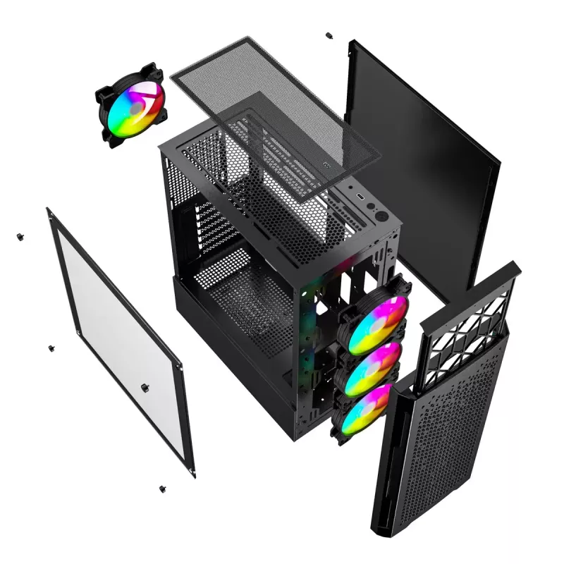 PC-Gehäuse GEMBIRD Fornax 400X Midi Tower Schwarz — ATX, gehärtetes Glas, RGB-Lüfter, 4x 2,5-Zoll-Schächte, 2x USB 3.0