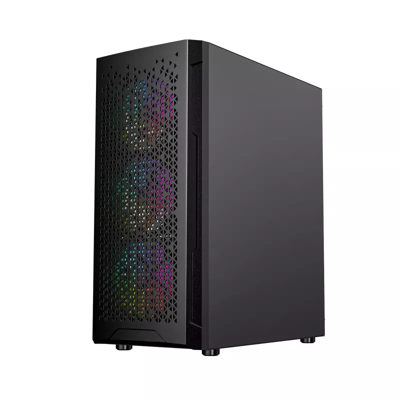 PC-Gehäuse GEMBIRD Fornax 400X Midi Tower Schwarz — ATX, gehärtetes Glas, RGB-Lüfter, 4x 2,5-Zoll-Schächte, 2x USB 3.0