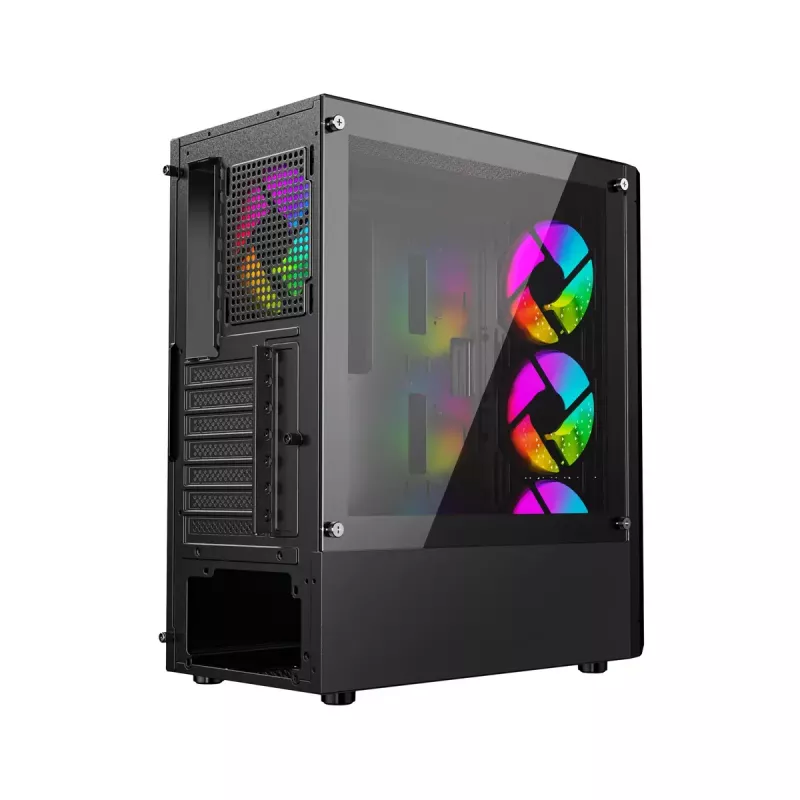 PC-Gehäuse GEMBIRD Fornax 400X Midi Tower Schwarz — ATX, gehärtetes Glas, RGB-Lüfter, 4x 2,5-Zoll-Schächte, 2x USB 3.0