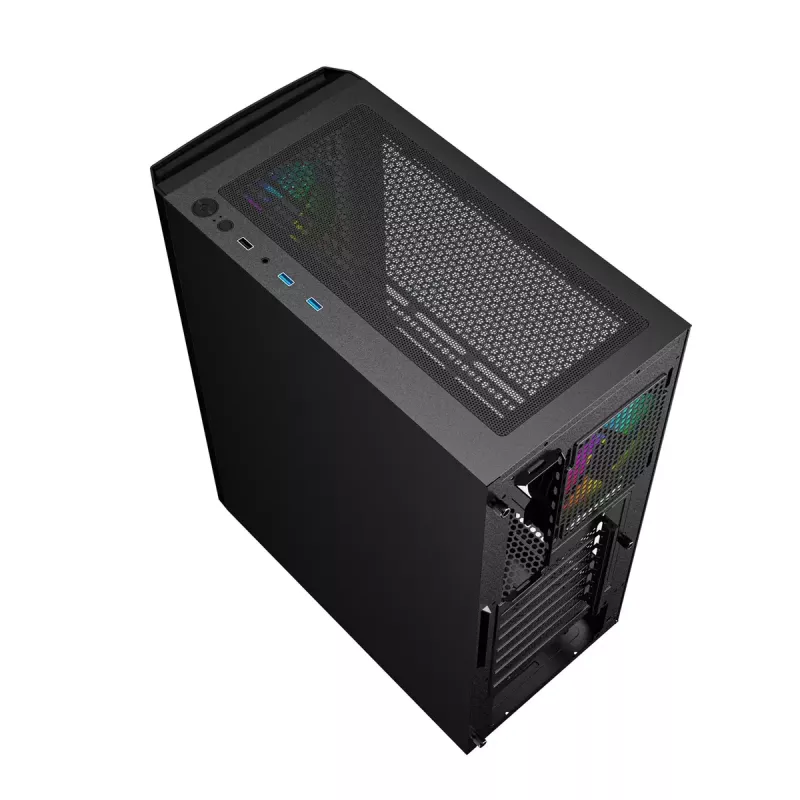 PC-Gehäuse GEMBIRD Fornax 400X Midi Tower Schwarz — ATX, gehärtetes Glas, RGB-Lüfter, 4x 2,5-Zoll-Schächte, 2x USB 3.0