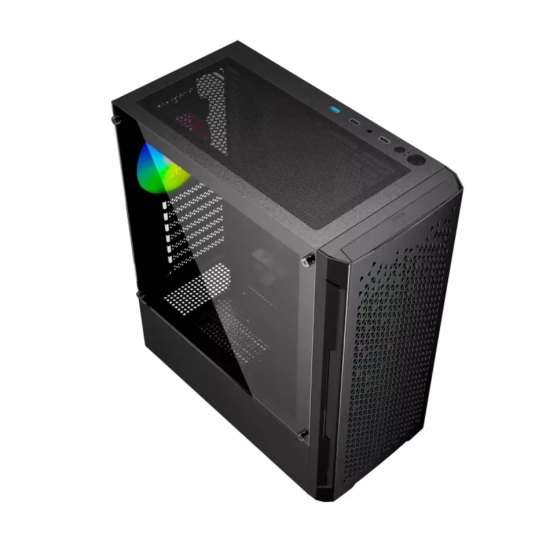 PC-Gehäuse GEMBIRD Fornax 400X Midi Tower Schwarz — ATX, gehärtetes Glas, RGB-Lüfter, 4x 2,5-Zoll-Schächte, 2x USB 3.0