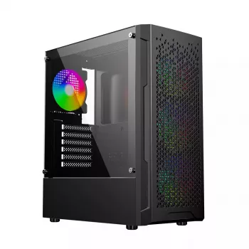 PC-Gehäuse GEMBIRD Fornax 400X Midi Tower Schwarz — ATX, gehärtetes Glas, RGB-Lüfter, 4x 2,5-Zoll-Schächte, 2x USB 3.0