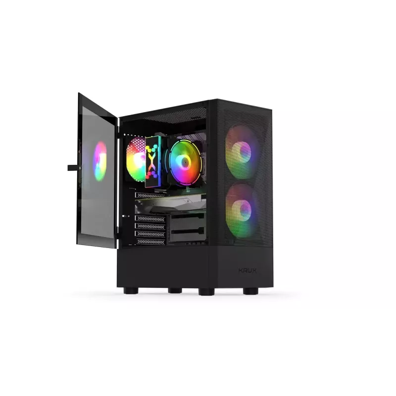 PC-Gehäuse KRUX VAKO KRX0132 ATX schwarz — gehärtetes Glas, RGB, unterstützt Mini‑ATX, GPU bis zu 31 cm, CPU-Kühler bis zu 15,9 cm
