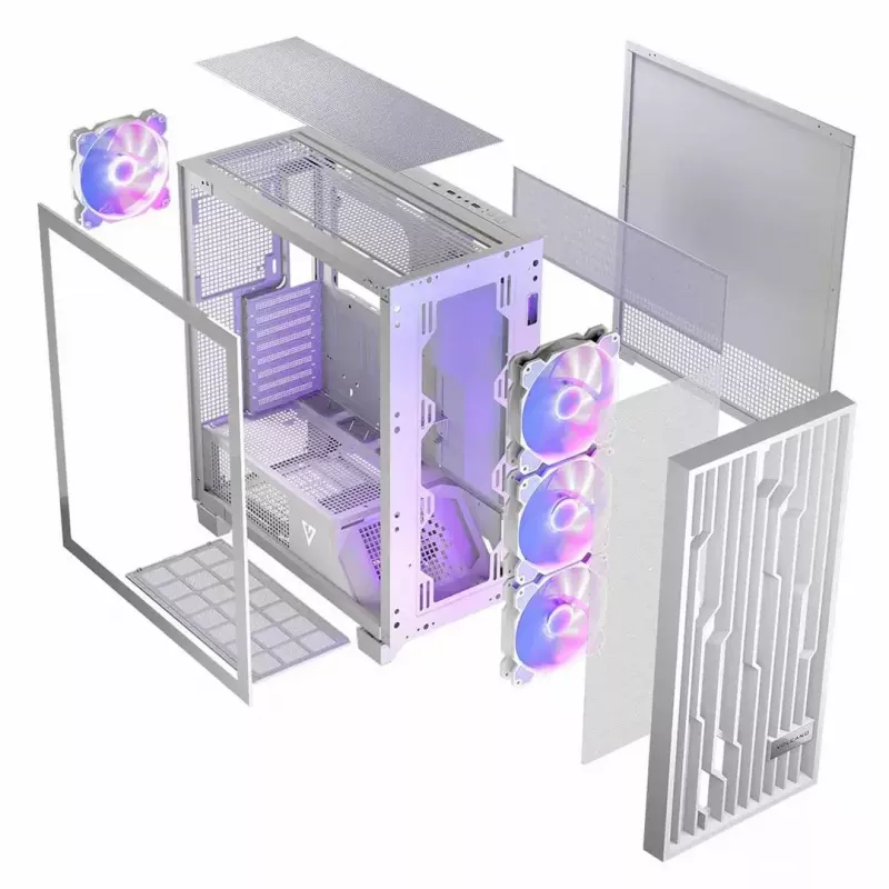 PC-Gehäuse MODECOM Volcano Perun Apex ARGB weiß — Midi Tower, gehärtetes Glas, ARGB, USB-C, unterstützt micro ATX, GPU bis 39 cm