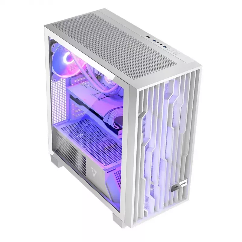 PC-Gehäuse MODECOM Volcano Perun Apex ARGB weiß — Midi Tower, gehärtetes Glas, ARGB, USB-C, unterstützt micro ATX, GPU bis 39 cm