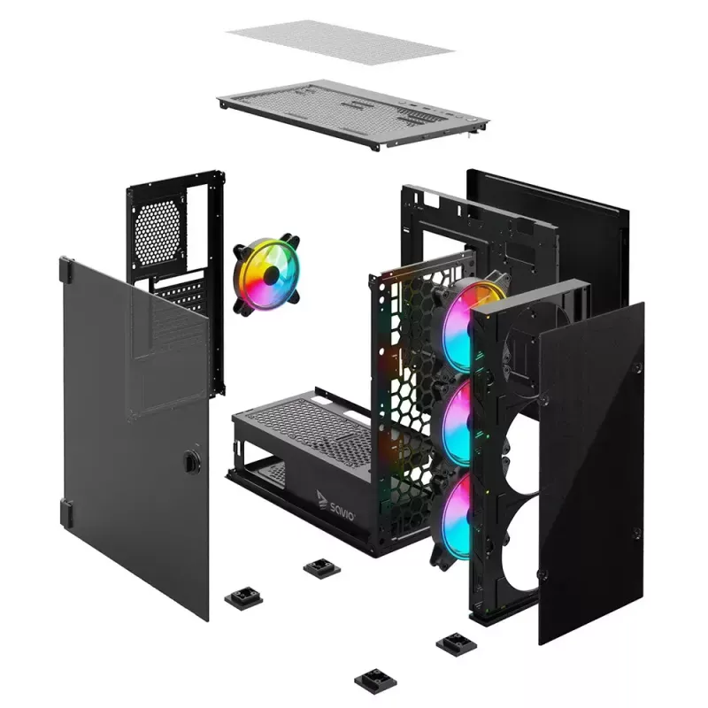 PC-Gehäuse SAVIO Prime X1 ARGB Glas Midi Tower Schwarz – gehärtetes Glas, ARGB-Lüfter, micro ATX/ATX-Unterstützung