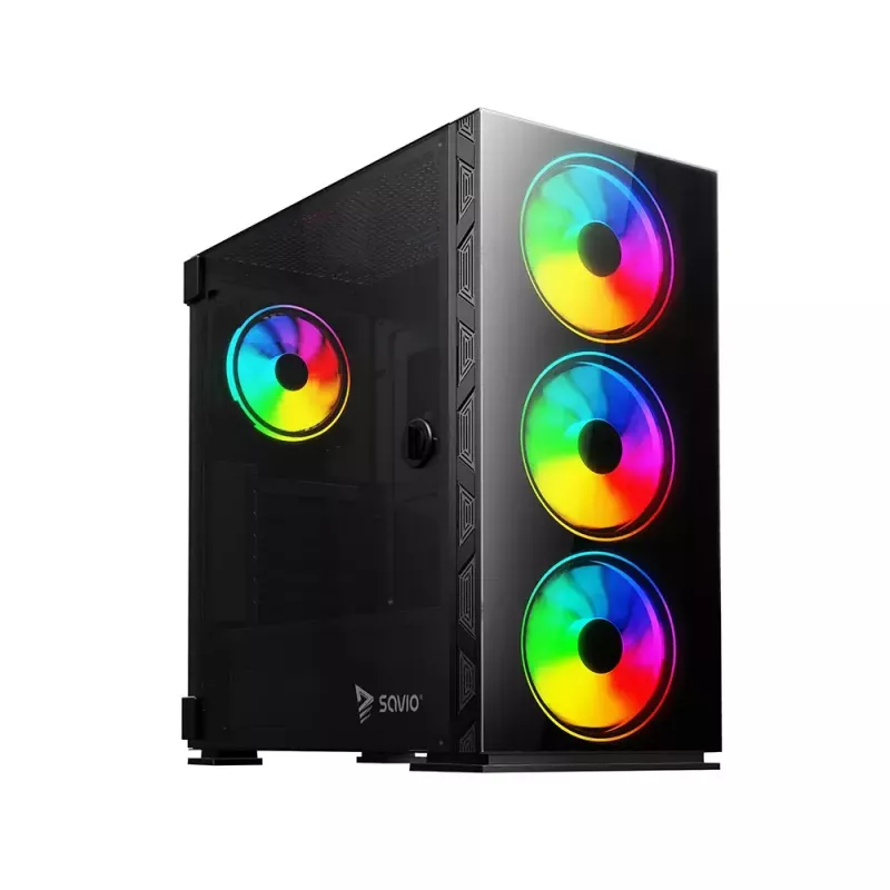 PC-Gehäuse SAVIO Prime X1 ARGB Glas Midi Tower Schwarz – gehärtetes Glas, ARGB-Lüfter, micro ATX/ATX-Unterstützung