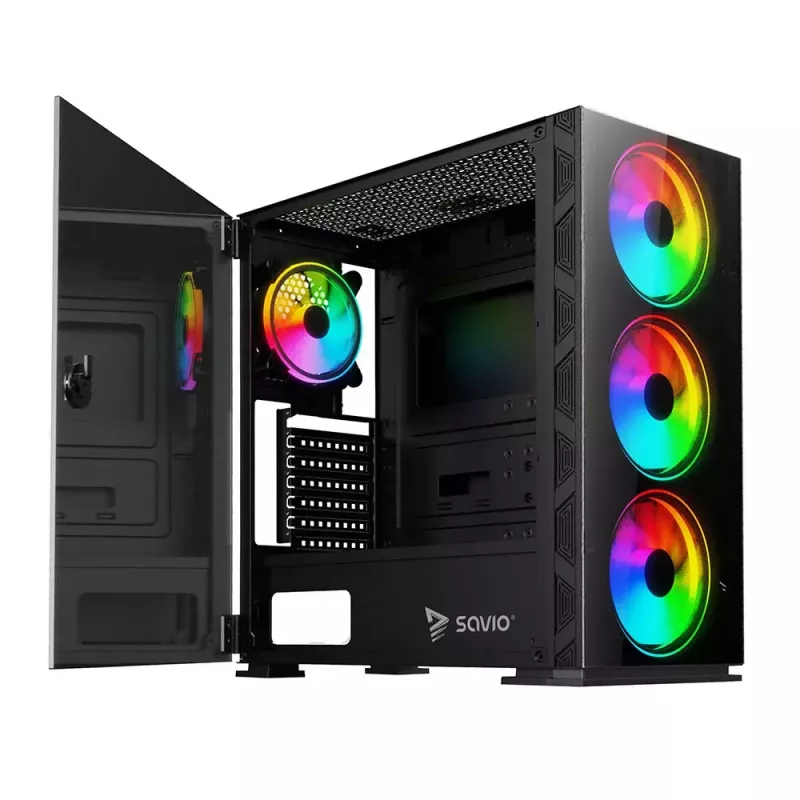 PC-Gehäuse SAVIO Prime X1 ARGB Glas Midi Tower Schwarz – gehärtetes Glas, ARGB-Lüfter, micro ATX/ATX-Unterstützung
