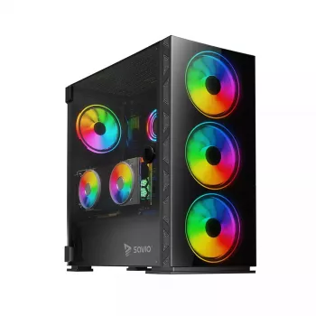 PC-Gehäuse SAVIO Prime X1 ARGB Glas Midi Tower Schwarz – gehärtetes Glas, ARGB-Lüfter, micro ATX/ATX-Unterstützung