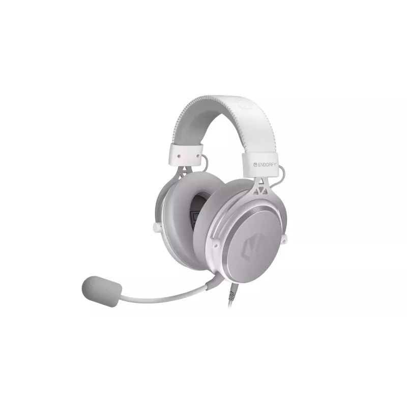 Kabelgebundenes binaurales Headset ENDORFY VIRO Plus USB Onyx White — 5,3 cm Treiber, 20–20000 Hz, 98 dB, 32 Ω, abnehmbares Boom-Mikrofon, 2,9 m Kabel