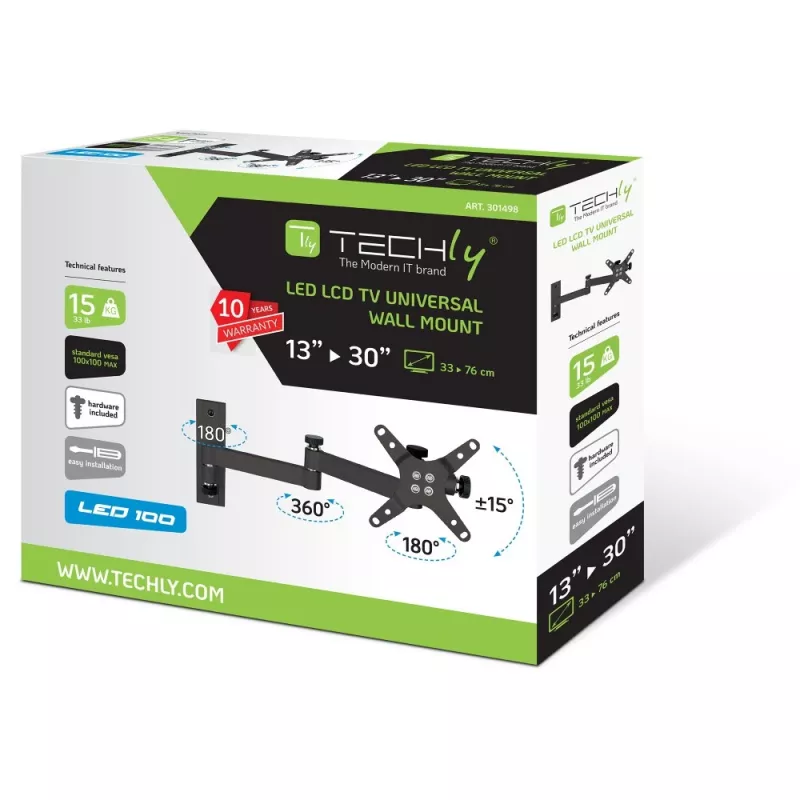 Techly 13-30 Zoll Wandhalterung für LED-LCD-TV neigbar 3 Gelenke Schwarz” ICA-LCD 104BK