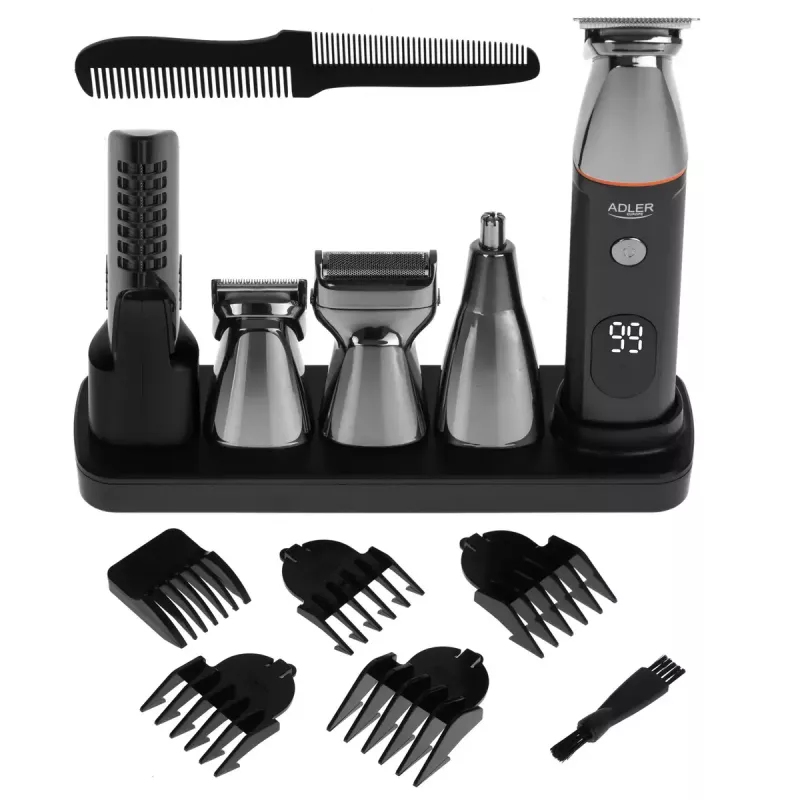 Elektrisches Pflegeset Adler AD 2946 – kabelloser 5-in-1-Herrentrimmer, 4 Längenstufen, 60 Min. Laufzeit, Schwarz/Edelstahl