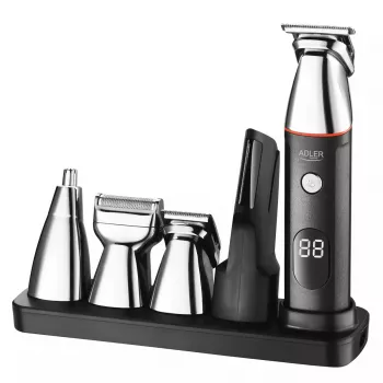 Elektrisches Pflegeset Adler AD 2946 – kabelloser 5-in-1-Herrentrimmer, 4 Längenstufen, 60 Min. Laufzeit, Schwarz/Edelstahl
