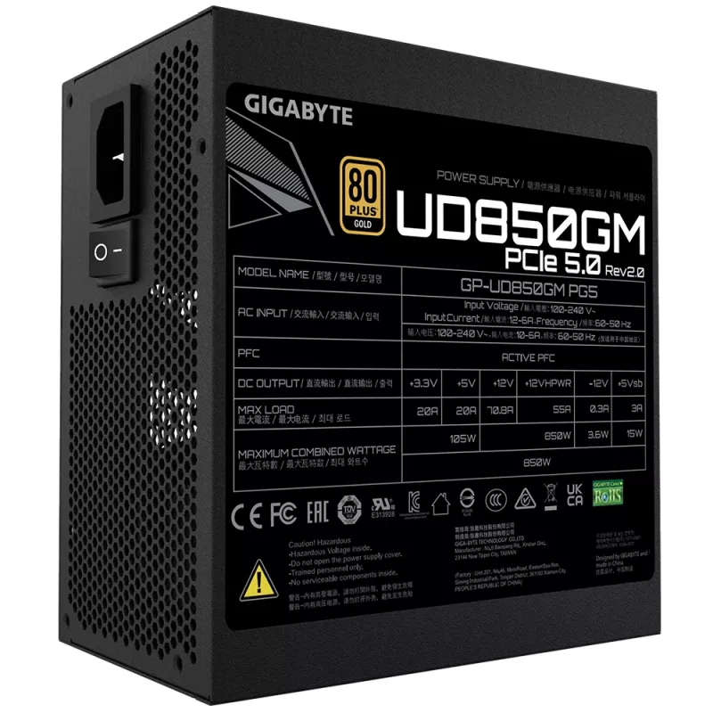 GIGABYTE UD850GM PG5 V2 Netzteil- PCIe Gen 5.1, 80 PLUS Gold, vollmodularer Aufbau, 120mm Lüfter, ATX 3.1 kompatibel, EU-Stecker