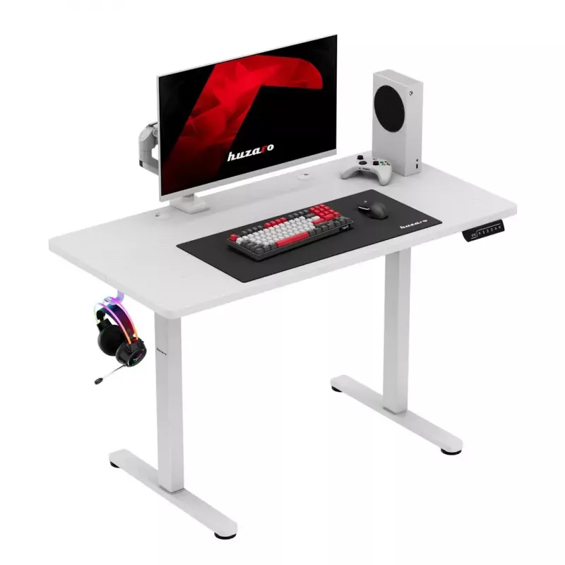 Gaming-Tisch huzaro Hero 8.1 — weißer elektrisch höhenverstellbarer Tisch 120×60 cm, 720–1180 mm, 50 kg Belastbarkeit, Kabelmanagement
