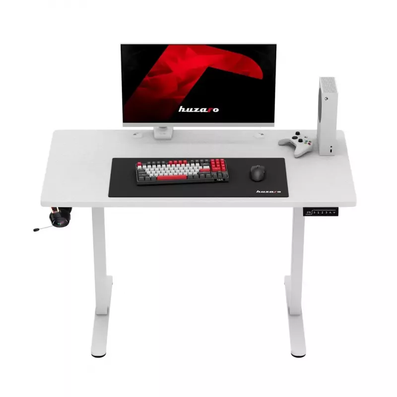 Gaming-Tisch huzaro Hero 8.1 — weißer elektrisch höhenverstellbarer Tisch 120×60 cm, 720–1180 mm, 50 kg Belastbarkeit, Kabelmanagement