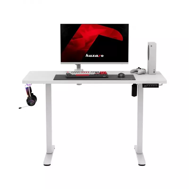 Gaming-Tisch huzaro Hero 8.1 — weißer elektrisch höhenverstellbarer Tisch 120×60 cm, 720–1180 mm, 50 kg Belastbarkeit, Kabelmanagement