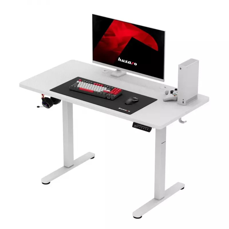 Gaming-Tisch huzaro Hero 8.1 — weißer elektrisch höhenverstellbarer Tisch 120×60 cm, 720–1180 mm, 50 kg Belastbarkeit, Kabelmanagement