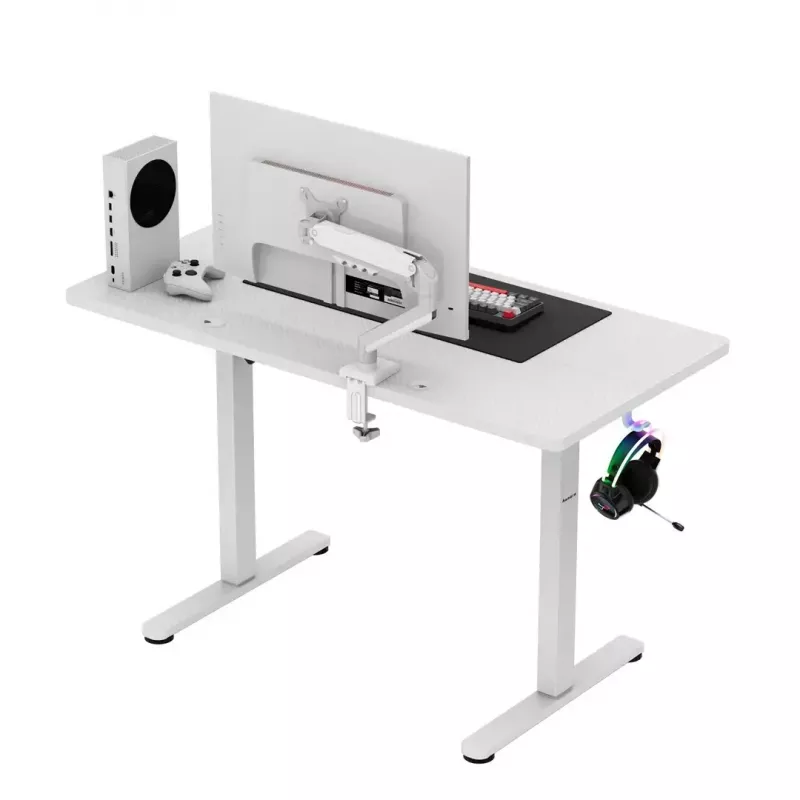 Gaming-Tisch huzaro Hero 8.1 — weißer elektrisch höhenverstellbarer Tisch 120×60 cm, 720–1180 mm, 50 kg Belastbarkeit, Kabelmanagement