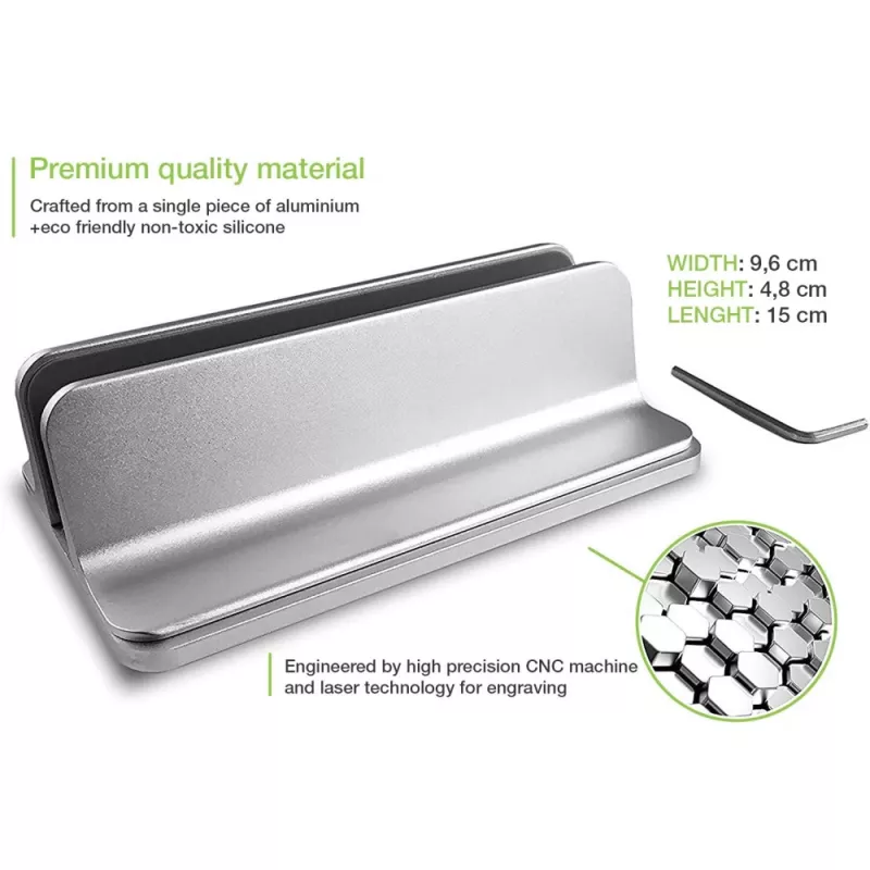 Laptop-Ständer TECHLY Vertikaler Aluminium-Notebook-Ständer Silber für bis zu 17 Zoll (96×150×48 mm, 580 g)
