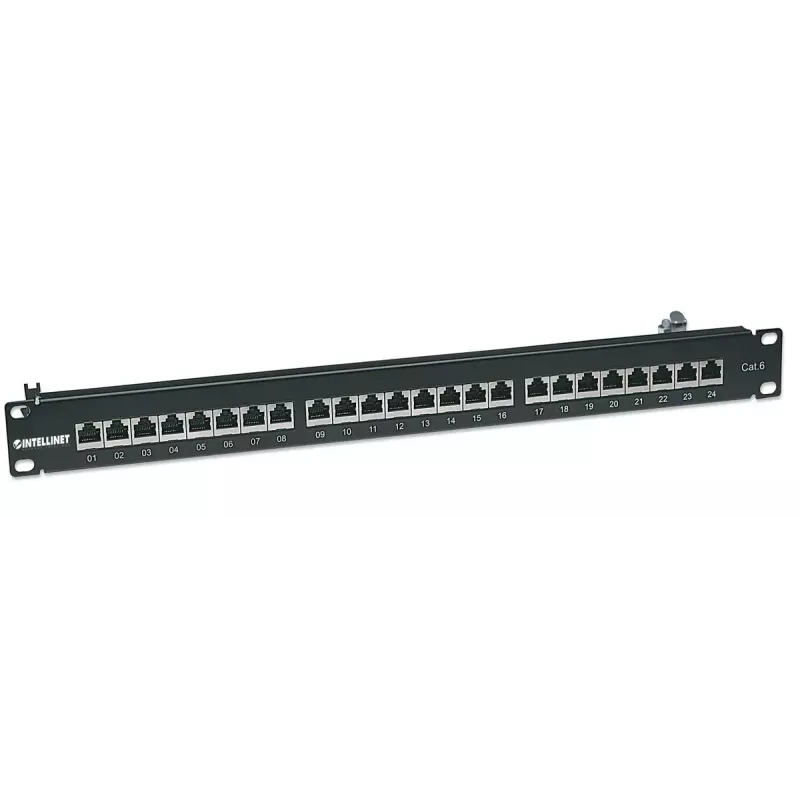 Intellinet Patch Panel, Cat6, FTP, 24-Port, 1U, geschirmt, 90° Top-Entry LSA-Leisten, Schwarz