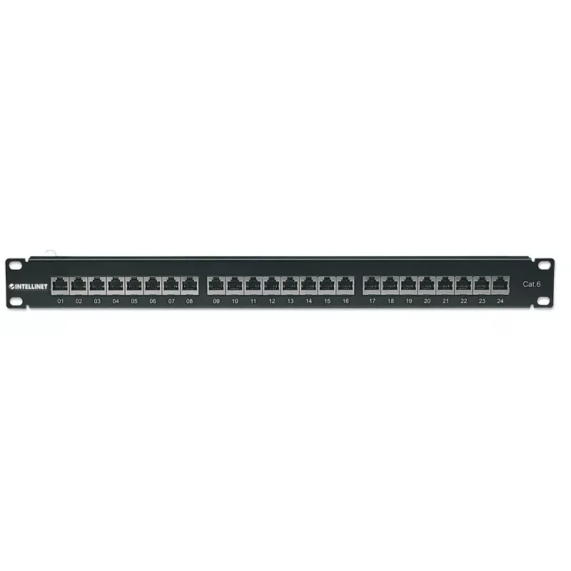 Intellinet Patch Panel, Cat6, FTP, 24-Port, 1U, geschirmt, 90° Top-Entry LSA-Leisten, Schwarz