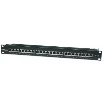 Intellinet Patch Panel, Cat6, FTP, 24-Port, 1U, geschirmt, 90° Top-Entry LSA-Leisten, Schwarz