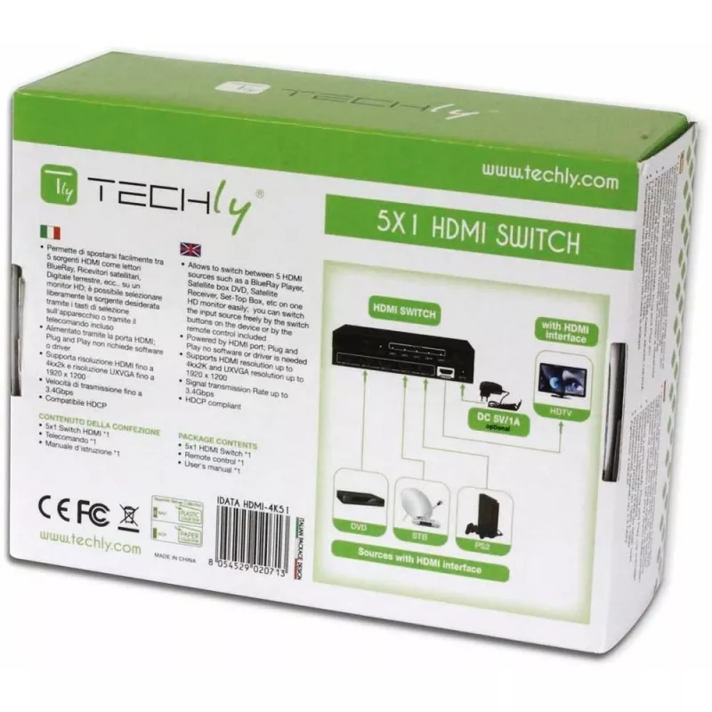 Techly 5 IN 1 OUT HDMI Switch mit Fernbedienung, 4Kx2K, 3D IDATA HDMI-4K51