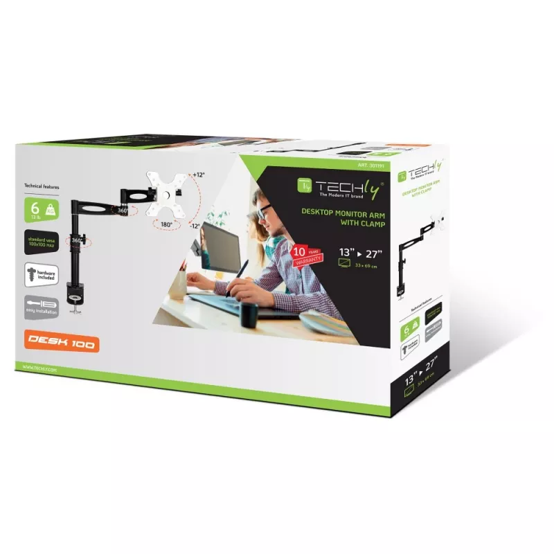 Techly 13-27 Zoll Tischständer für Monitor Langer Arm Neigbar ICA-LCD 502BK