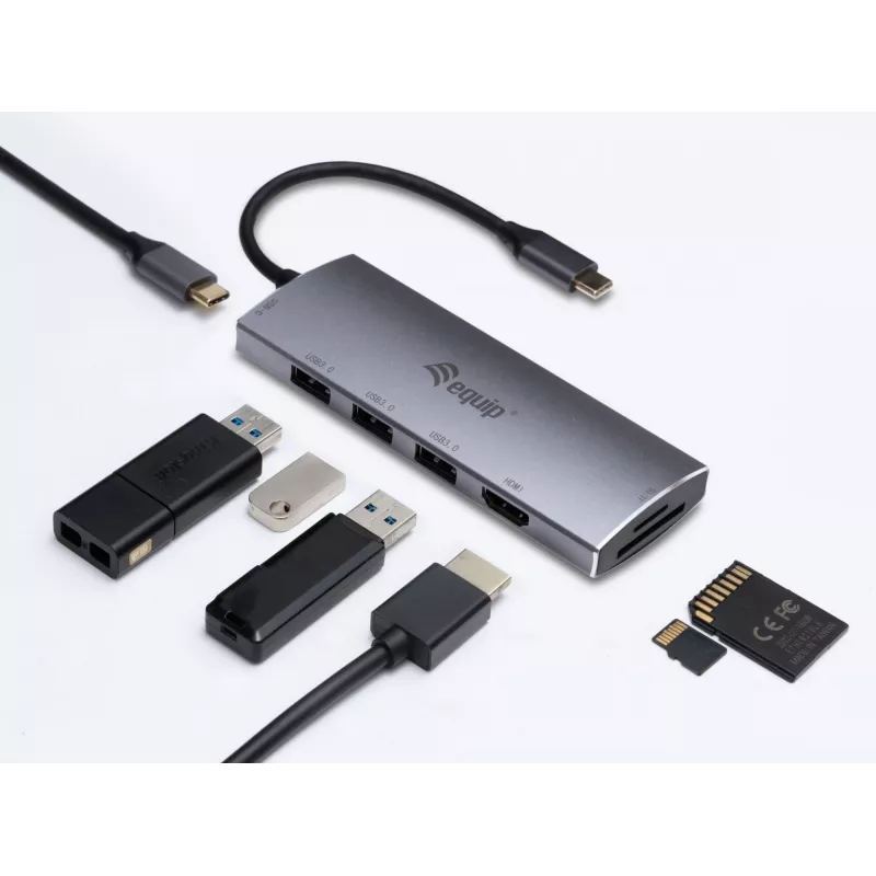 Equip USB-C 7 in 1 Multifunktionaler Adapter, USB 3.2 Gen 1 (3.1 Gen 1) Typ C, 100 W, Silber, MicroSD (TransFlash), MicroSDHC, SD, SDHC, 4K Ultra HD, 30 Hz