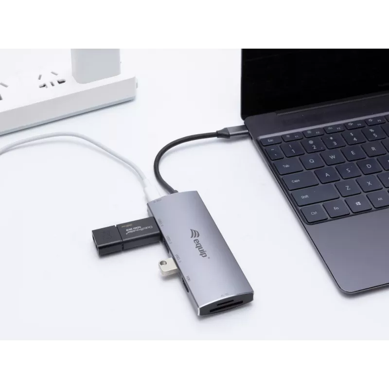 Equip USB-C 7 in 1 Multifunktionaler Adapter, USB 3.2 Gen 1 (3.1 Gen 1) Typ C, 100 W, Silber, MicroSD (TransFlash), MicroSDHC, SD, SDHC, 4K Ultra HD, 30 Hz