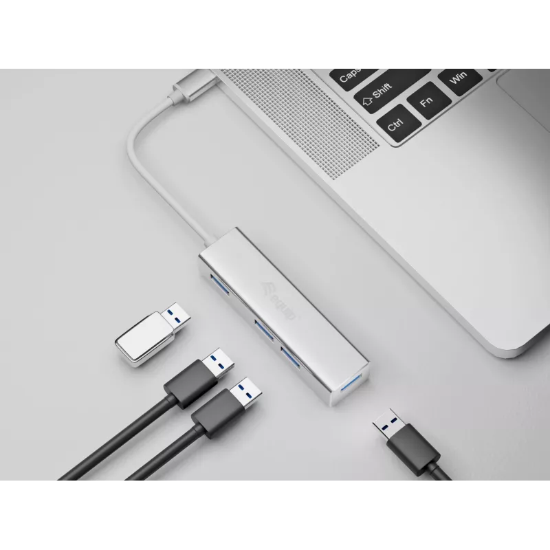 Equip USB-C auf 4-Port USB 3.0 Hub, USB 3.2 Gen 1 (3.1 Gen 1) Type-C, USB 3.2 Gen 1 (3.1 Gen 1) Type-A, 5000 Mbit/s, Silber, Aluminium, Windows 10, Windows 7, Windows 8