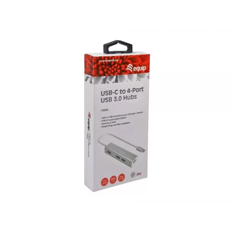 Equip USB-C auf 4-Port USB 3.0 Hub, USB 3.2 Gen 1 (3.1 Gen 1) Type-C, USB 3.2 Gen 1 (3.1 Gen 1) Type-A, 5000 Mbit/s, Silber, Aluminium, Windows 10, Windows 7, Windows 8