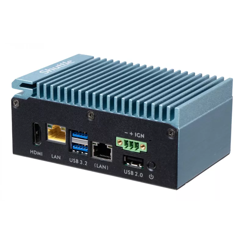 Shuttle Edge PC SPCEL02, Intel Celeron J6412, 1x HDMI, 2x 2.5G LAN, 1x COM, DIO (4x in, 4x out), 3x USB, 2x M.2, 12-24V, 24/7-Dauerbetrieb, lüfterlos, inkl. VESA- & DIN-Schienenhalterung