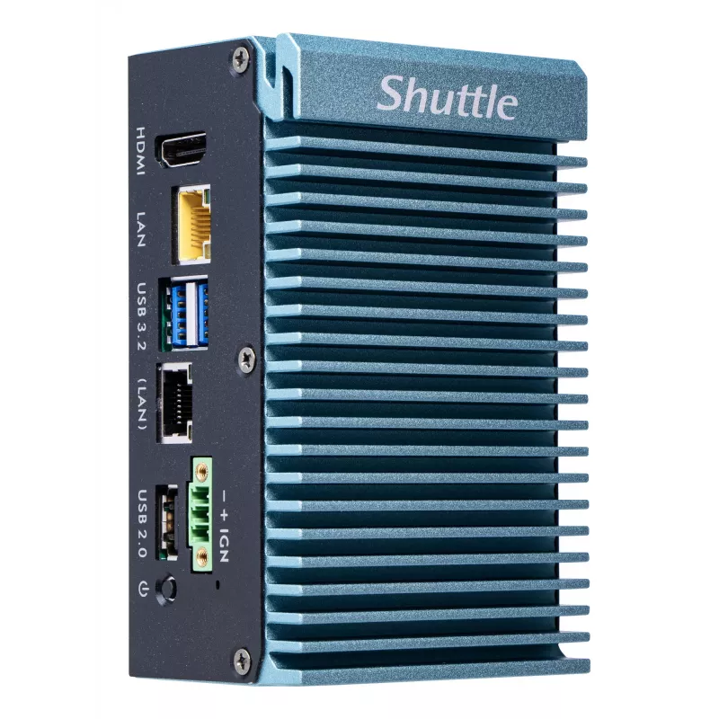 Shuttle Edge PC SPCEL02, Intel Celeron J6412, 1x HDMI, 2x 2.5G LAN, 1x COM, DIO (4x in, 4x out), 3x USB, 2x M.2, 12-24V, 24/7-Dauerbetrieb, lüfterlos, inkl. VESA- & DIN-Schienenhalterung