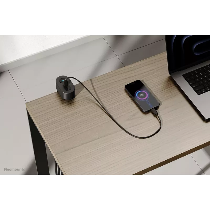 Neomounts DS22-840BL6 Tischsteckdose mit Klemme und USB-C- sowie USB-A-Anschlüssen – Schnellladung