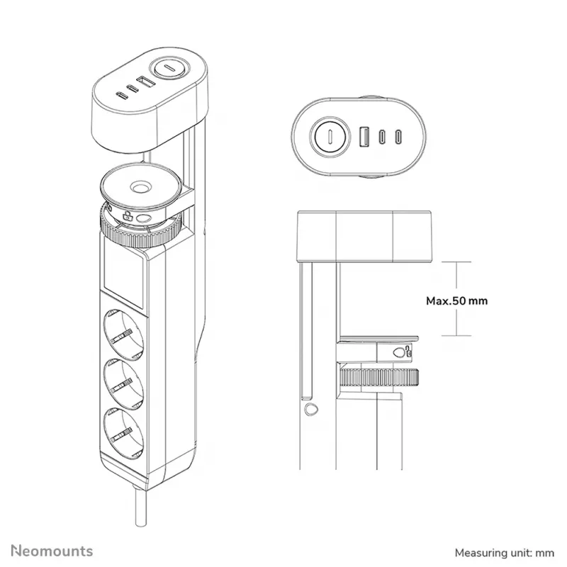 Neomounts DS22-840BL6 Tischsteckdose mit Klemme und USB-C- sowie USB-A-Anschlüssen – Schnellladung