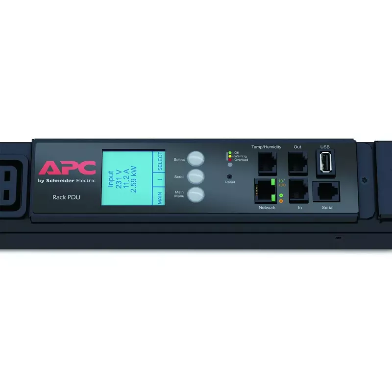 APC NetShelter Metered Rack PDU, 0U, 3PH, 22kW 230V 32A oder 17,3kW 230V 24A, x30 C13 und x12 C19 Steckdosen, IEC 309 3P+N+PE Kabel