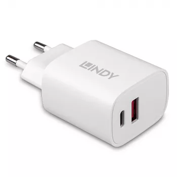 Indoor-Ladegerät Lindy 73413 — universeller AC 100–240 V, Ausgang 12 V 3 A, USB-A + USB-C, weiß