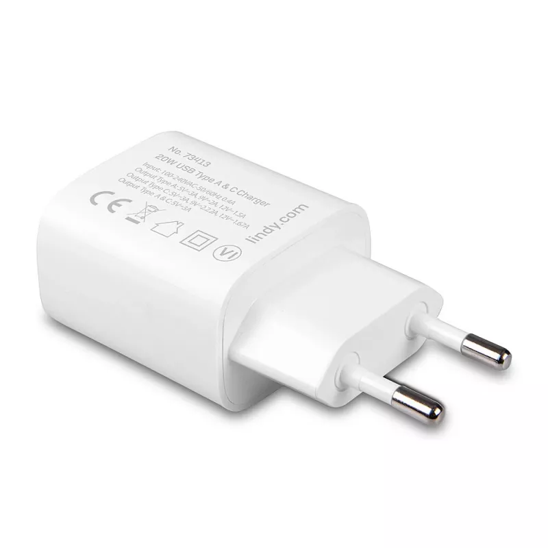 Indoor-Ladegerät Lindy 73413 — universeller AC 100–240 V, Ausgang 12 V 3 A, USB-A + USB-C, weiß