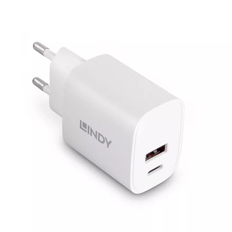 Indoor-Ladegerät Lindy 73413 — universeller AC 100–240 V, Ausgang 12 V 3 A, USB-A + USB-C, weiß
