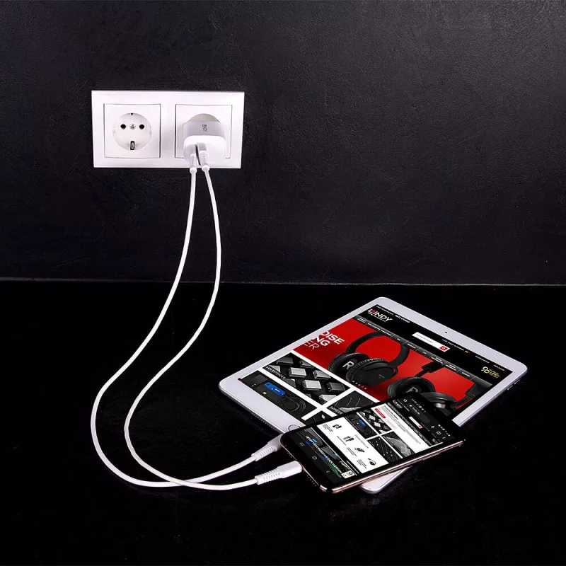 Indoor-Ladegerät Lindy 73413 — universeller AC 100–240 V, Ausgang 12 V 3 A, USB-A + USB-C, weiß
