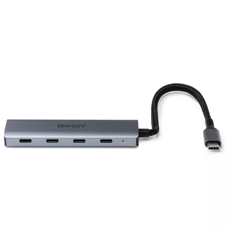 Lindy 4 Port USB 3.2 Gen 2 Typ C Hub, USB 3.2 Gen 2 (3.1 Gen 2) Typ-C, USB 3.2 Gen 2 (3.1 Gen 2) Typ-C, 10000 Mbit/s, Grau, Aluminium, Kunststoff, Rundkabel
