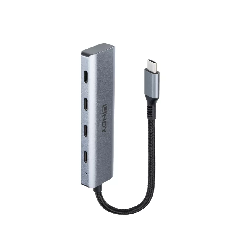 Lindy 4 Port USB 3.2 Gen 2 Typ C Hub, USB 3.2 Gen 2 (3.1 Gen 2) Typ-C, USB 3.2 Gen 2 (3.1 Gen 2) Typ-C, 10000 Mbit/s, Grau, Aluminium, Kunststoff, Rundkabel