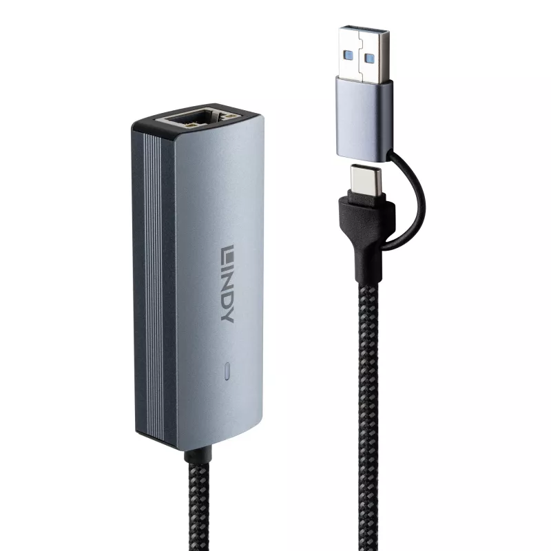 Lindy USB 3.2 Gen 1 zu 5G Ethernet Konverter, USB 3.2 Gen 2 (3.1 Gen 2) Typ-C, 5000 Mbit/s, Grau, Aluminium, Kunststoff, Rundkabel, 0,15 m