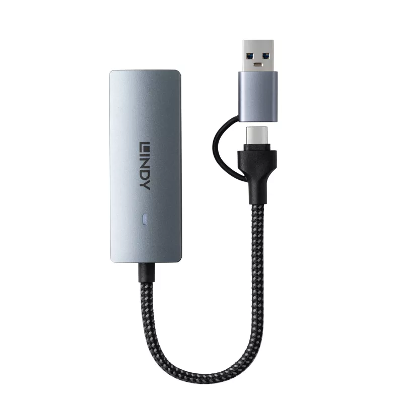 Lindy USB 3.2 Gen 1 zu 5G Ethernet Konverter, USB 3.2 Gen 2 (3.1 Gen 2) Typ-C, 5000 Mbit/s, Grau, Aluminium, Kunststoff, Rundkabel, 0,15 m