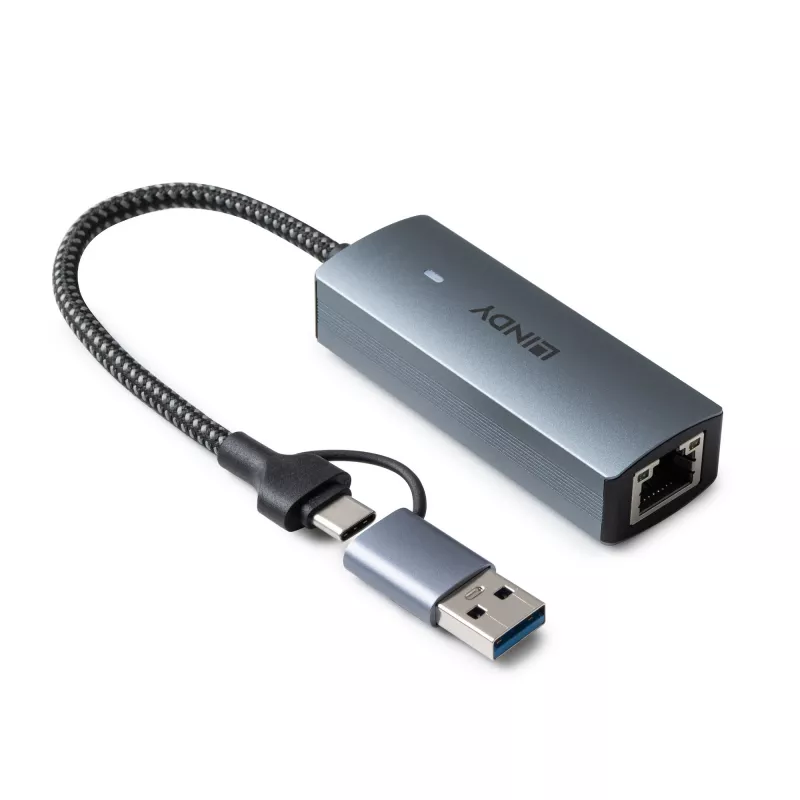 Lindy USB 3.2 Gen 1 zu 5G Ethernet Konverter, USB 3.2 Gen 2 (3.1 Gen 2) Typ-C, 5000 Mbit/s, Grau, Aluminium, Kunststoff, Rundkabel, 0,15 m