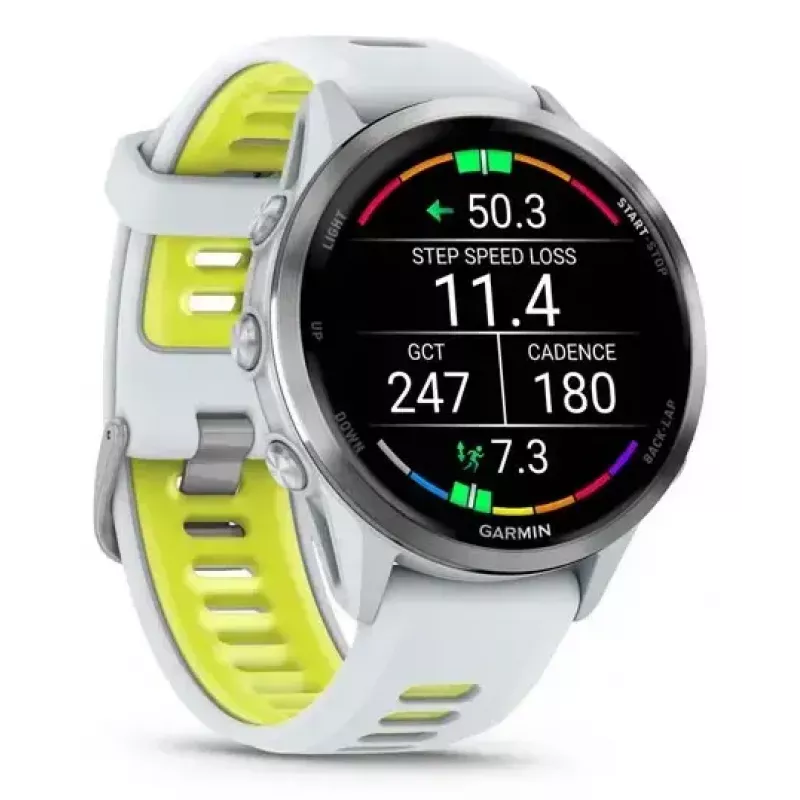 Smartwatch IFIT ICON Forerunner 970 — 1,4 Zoll (3,56 cm) AMOLED 454×454, GPS, Wi‑Fi, Titangehäuse, Silikonarmband (Weiß/Gelb), 56 g