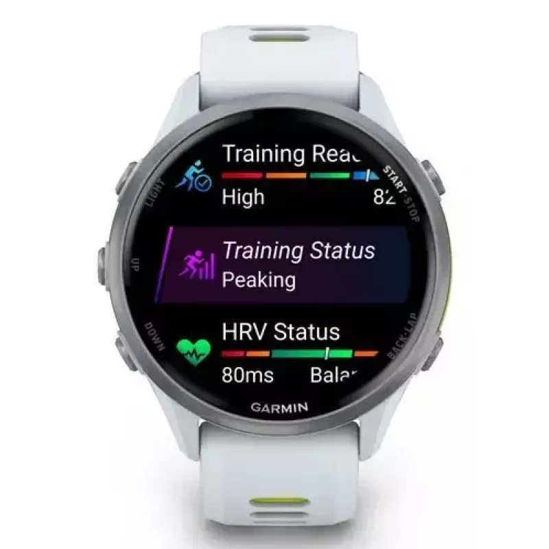 Smartwatch IFIT ICON Forerunner 970 — 1,4 Zoll (3,56 cm) AMOLED 454×454, GPS, Wi‑Fi, Titangehäuse, Silikonarmband (Weiß/Gelb), 56 g
